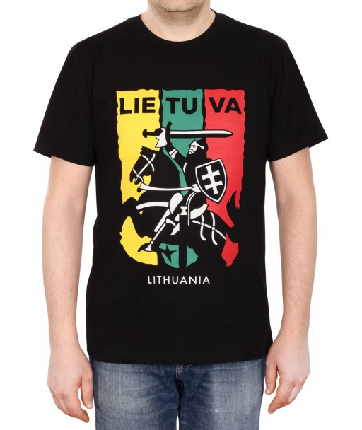 Juodi marškinėliai Lietuva su Vyčiu trispalvės fone